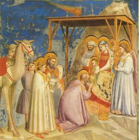 Maria, Joosef ja Jeesus-lapsi tallissa. Enkeli vierellä. Kolme tietäjää. Kameli ja sen hoitaja. Sininen yö.