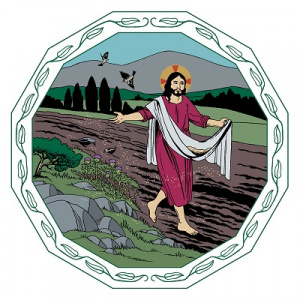 Jeesus kulkee pellolla kylväen siemeniä.