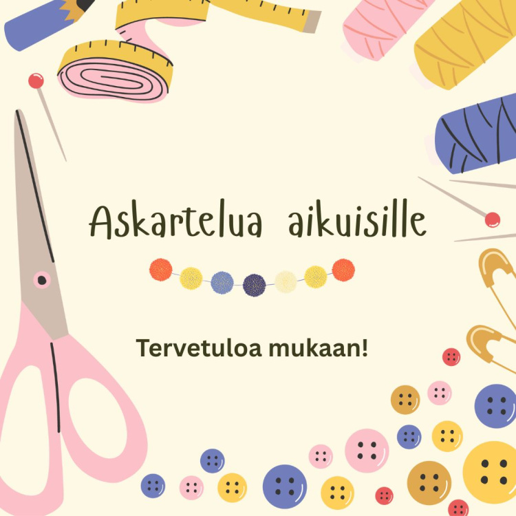 Askartelutarvikkeita ja teksti Askartelua aikuisille