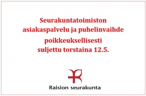 Seurakuntatoimisto suljettu to 12.5.