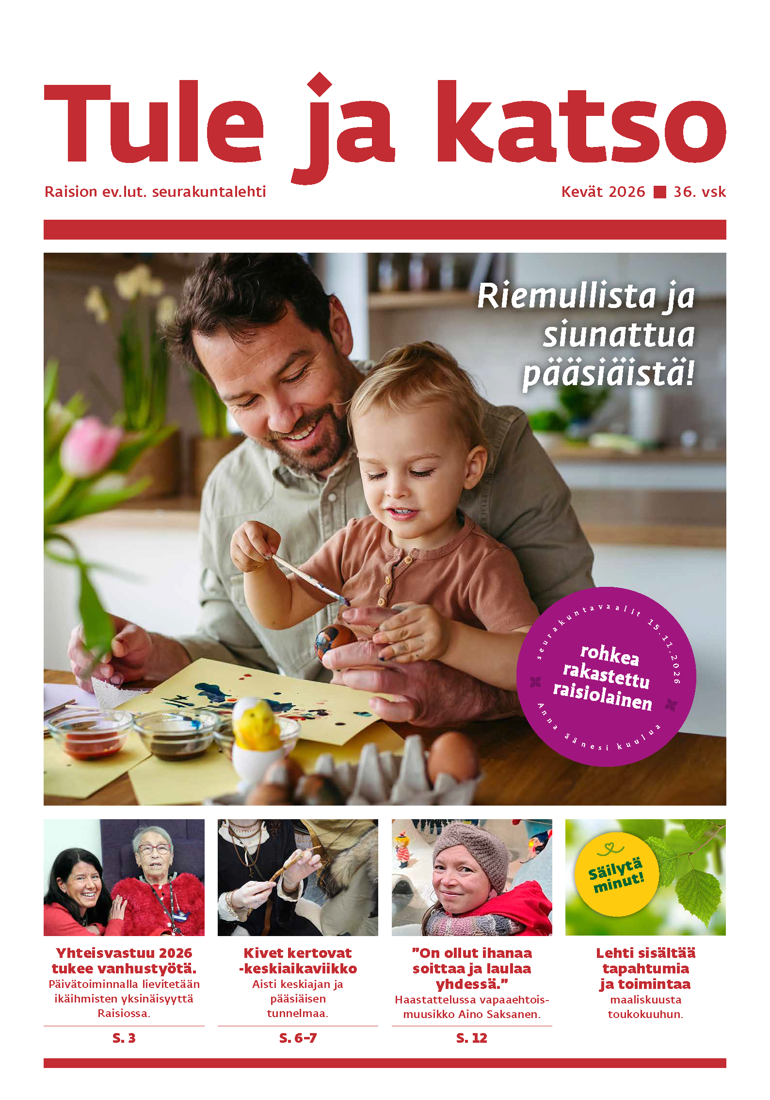 Mies ja pieni poika maalaavat pääsiäismunia. Pöydällä maljakossa on vaaleanpunaisia tulppaaneja.