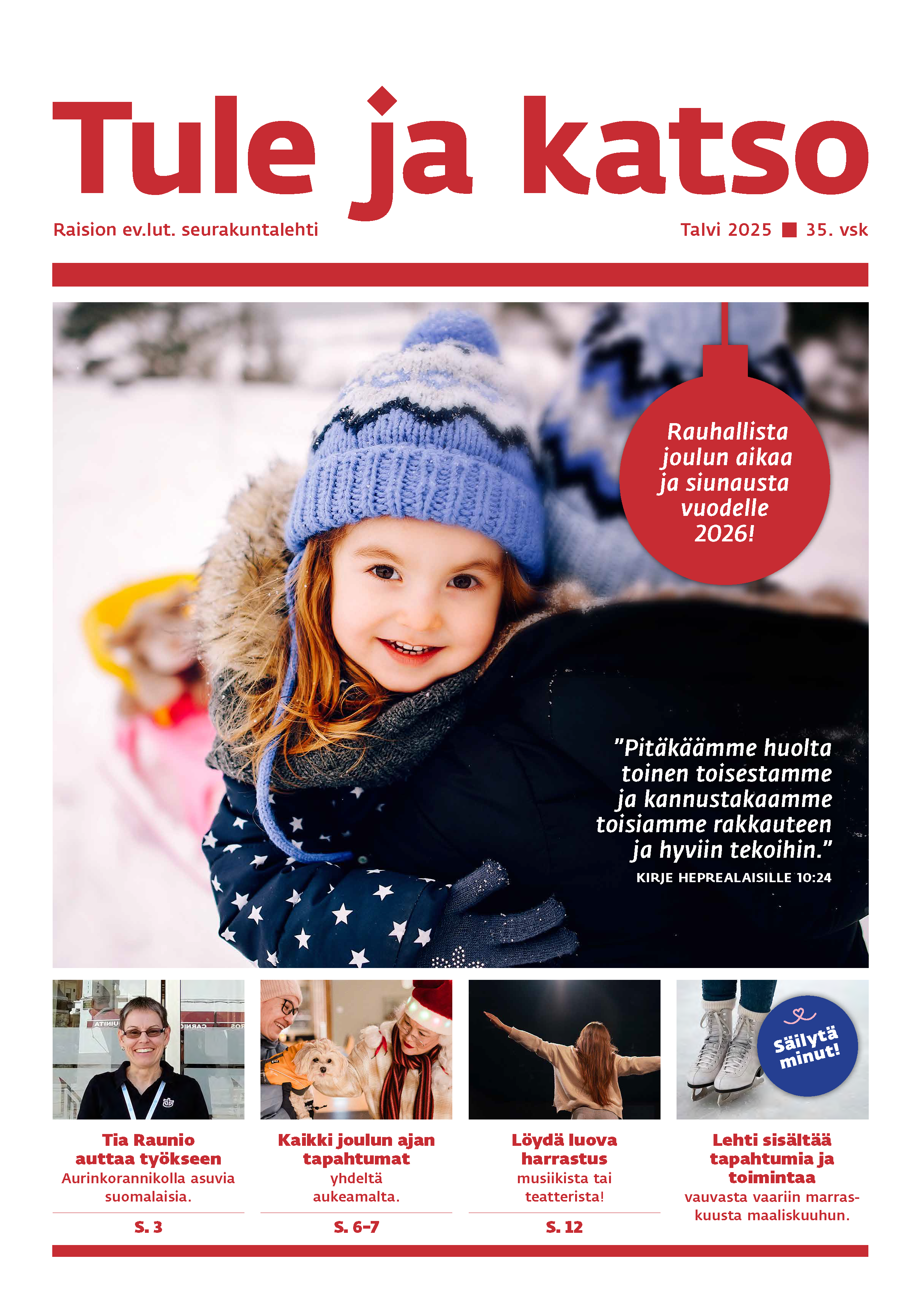 Kannessa pieni tyttö on aikuisen sylissä. Nauravaisella tytöllä on kirjava vaalean- ja tummansininen neulep...