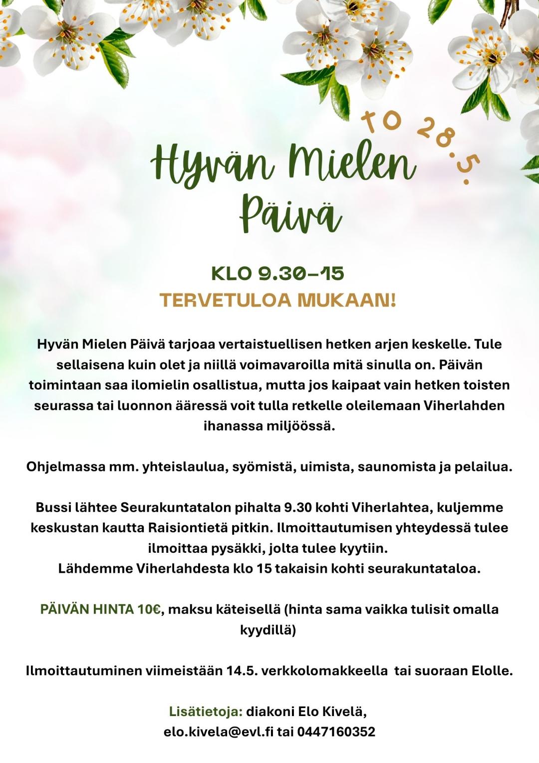 Hyvän Mielen Päivän mainos. Viherlahdessa 28.5 klo 9.30-15