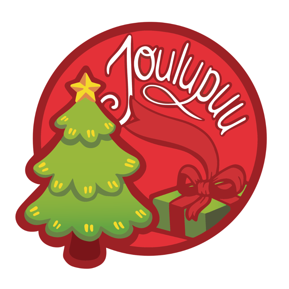 Joulupuu-logo. Vihreä piirretty joulukuusi, jonka latvassa on keltainen tähti. Vieressä punavihreä joulupaketti.
