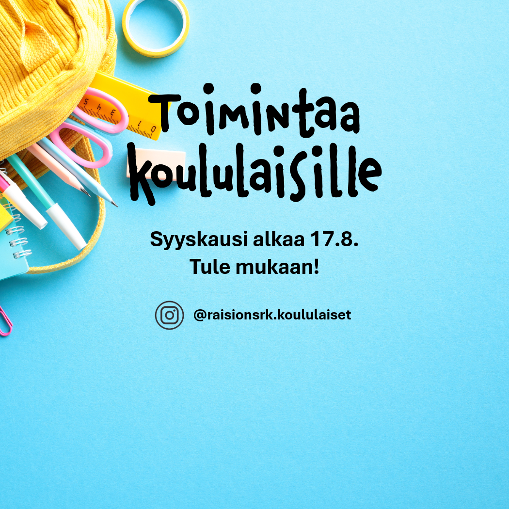 Turkoosilla taustalla kirkkaan keltainen reppu, josta pursuaa pastellinvärisiä koulutarvikkeita.