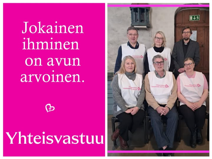 Kuvassa kuusi henkilöä, joista kolme on naista ja kolme miestä. Kaikilla on päällään valkoiset Yhteisvastuukeräyksen liivit, joissa on pinkit Yhteisvastuu-painatukset.